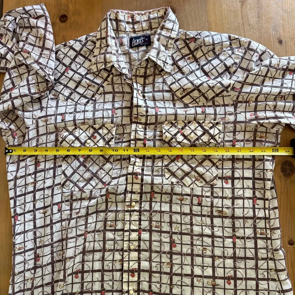 Vintage Levis Western Pearl Snap Shirt XL Brown Cowboy Lasso Novelty 70s 80s‎